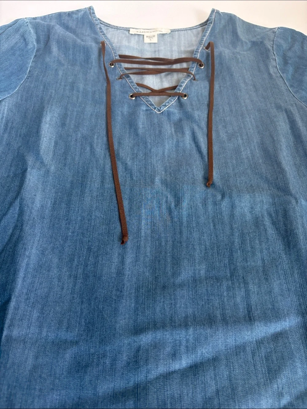 Karen by Karen Kane chambray tunic top brown lace-up v-neck and roll tab sleeves